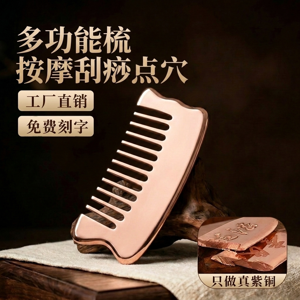 厂家直销纯铜头部按摩梳头部经络颈椎按摩全身刮痧家用便捷梳