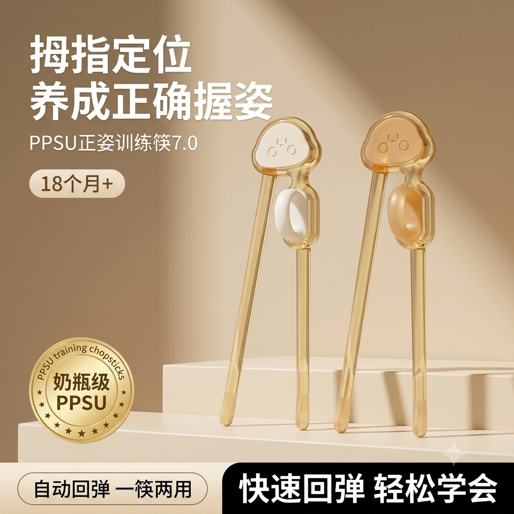 儿童PPSU训练筷自动回弹一体成型宝宝学习正姿练习虎口小孩两用筷