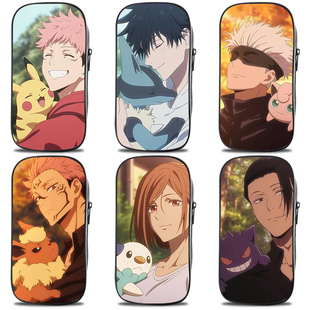 宝可梦联名咒术回战文具盒男孩创意动漫周边五条悟皮卡丘耿鬼夏油杰伊布大容量帆布印花卡通笔袋送同学礼物品