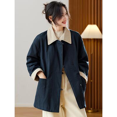JOYIASS中长款服女外套2025秋冬新款轻薄高级感polo领撞色袄夹上