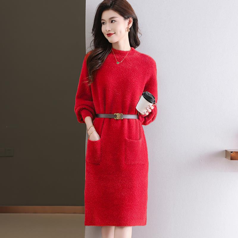 JOYIASS半高领针织毛衣连衣裙女秋冬2025新款内搭宽松配大衣中长