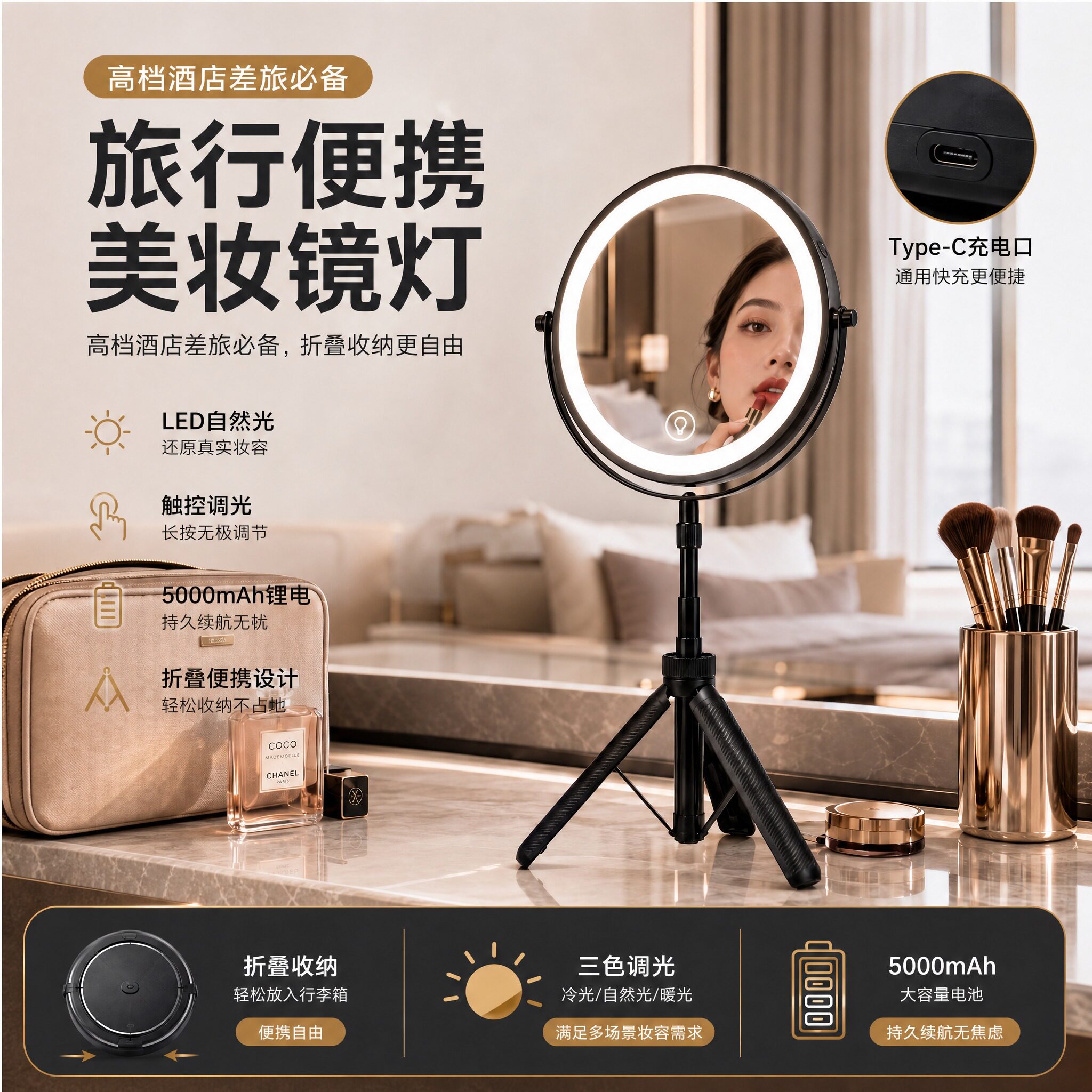 旅行LED高清放大便携化妆镜图片
