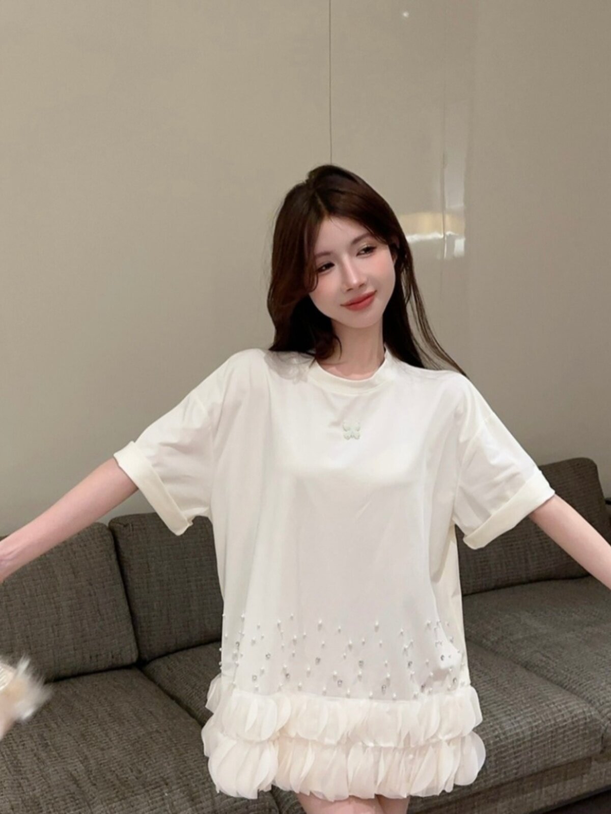 틈새 중공업 라인 석 메쉬 접합 흰색 드레스 여성 여름 세련된 반소매 느슨한 슬리밍 기질 티셔츠 드레스