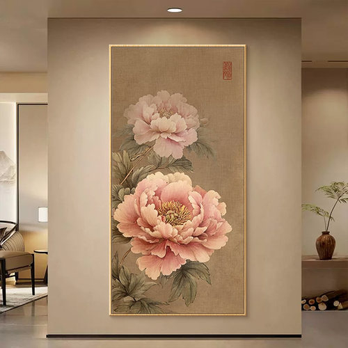 新中式牡丹花玄关装饰画贴画竖版