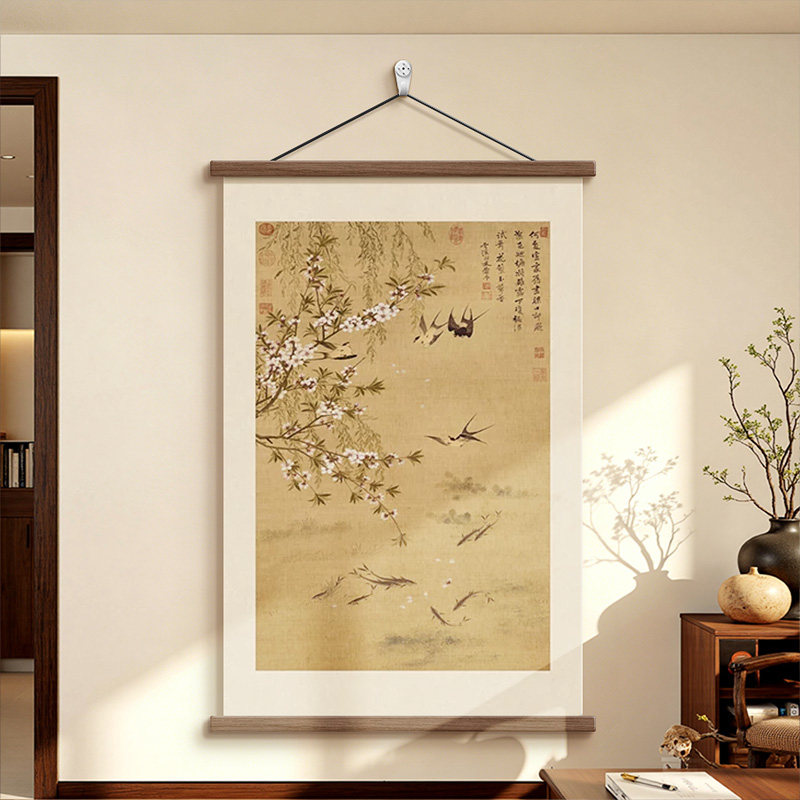 桃花游鱼图宋代美学禅意入户玄关卷轴挂画新中式书房背景墙装饰画