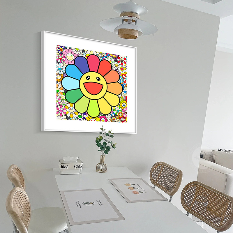 村上隆太阳花装饰画卡通简约沙发背景墙挂画正方形白色框儿童房画图片