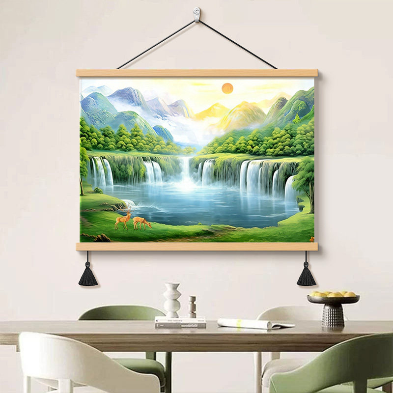 中式流水生财山水风景画餐厅背景墙装饰画旭日东升挂画聚宝盆壁画
