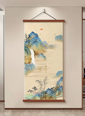 新中式江山如画正对门走廊装饰画入户山水画挂画高级玄关卷轴壁画