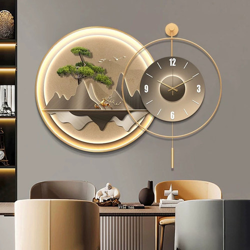 迎客松餐厅装饰画高档钟表挂钟灯画饭厅挂画客厅麋鹿时钟壁画