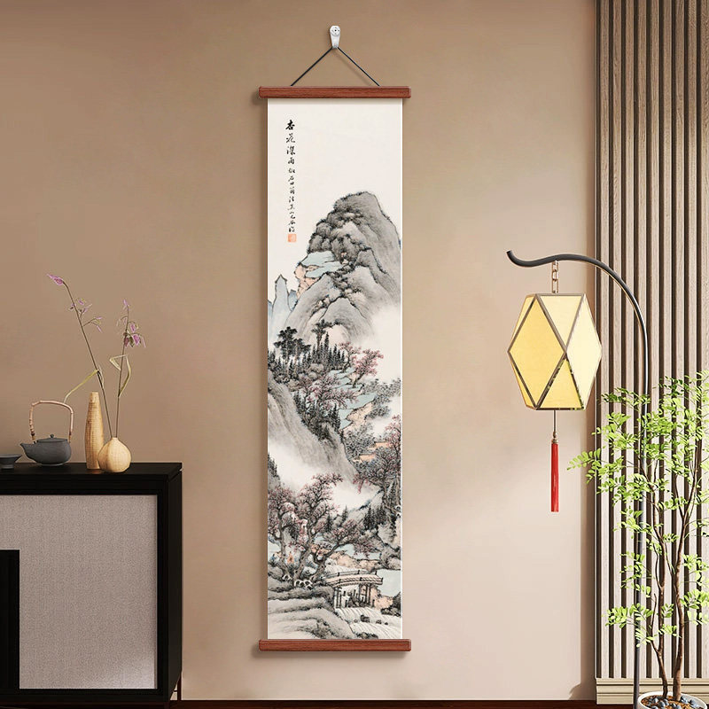 新中式山水画玄关竖版长条国画客厅过道挂画书房茶室装饰画古代画
