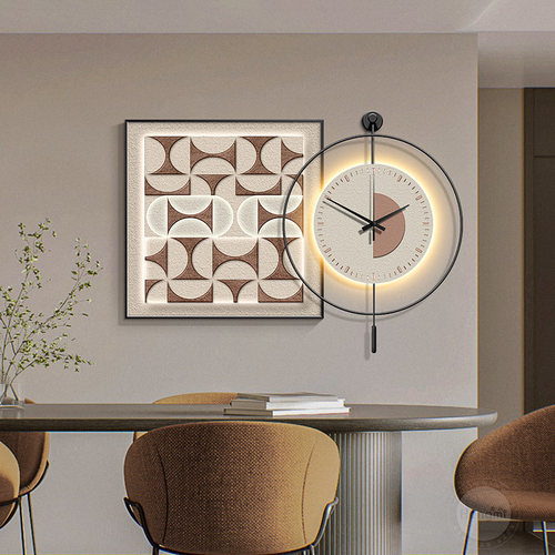 现代轻奢餐厅装饰画钟表挂钟客厅2024新款壁画抽象高级感饭厅挂画