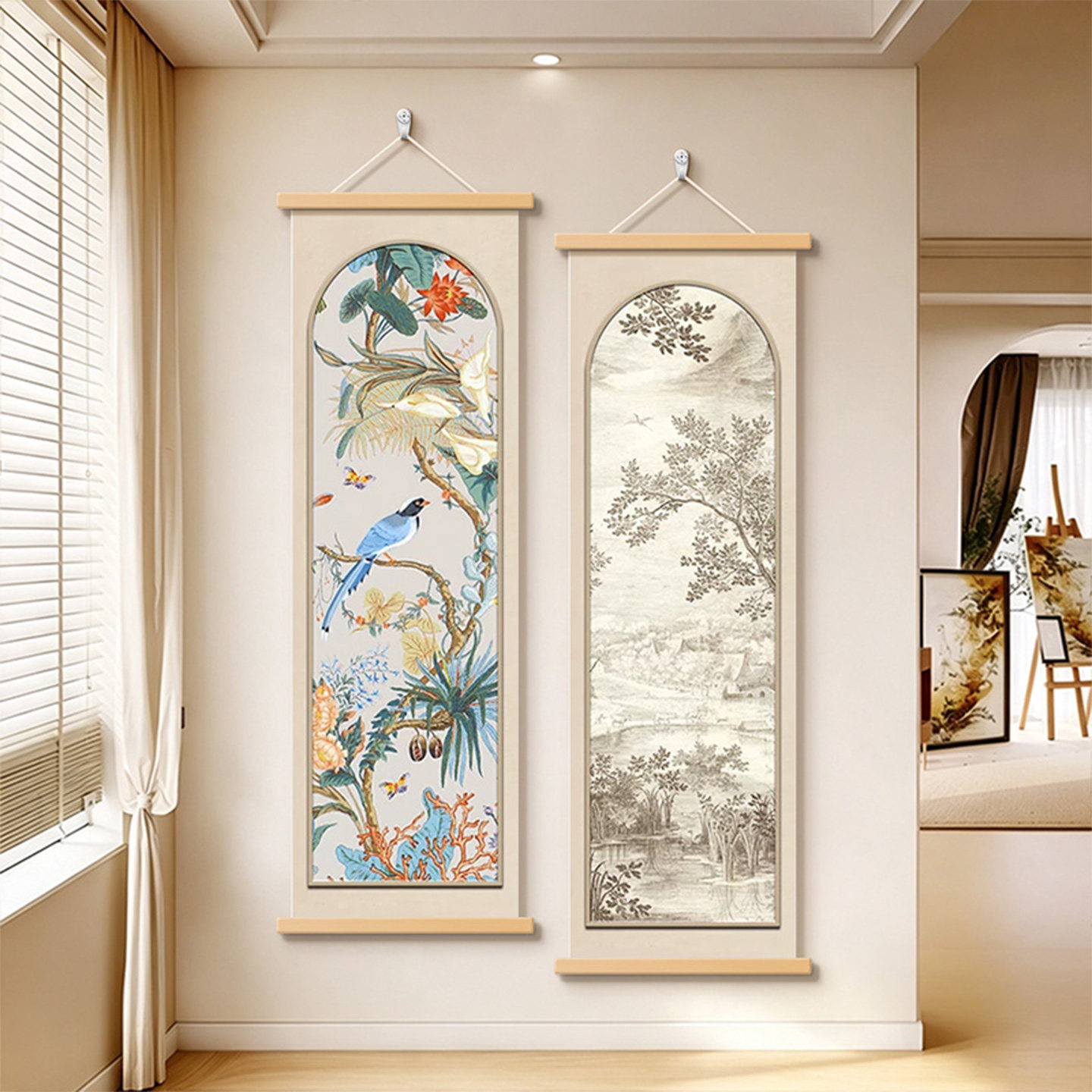 新中式入户玄关花鸟卷轴装饰画