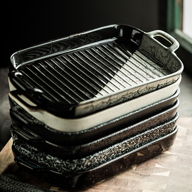 双耳长方形日式陶瓷盘子微波炉