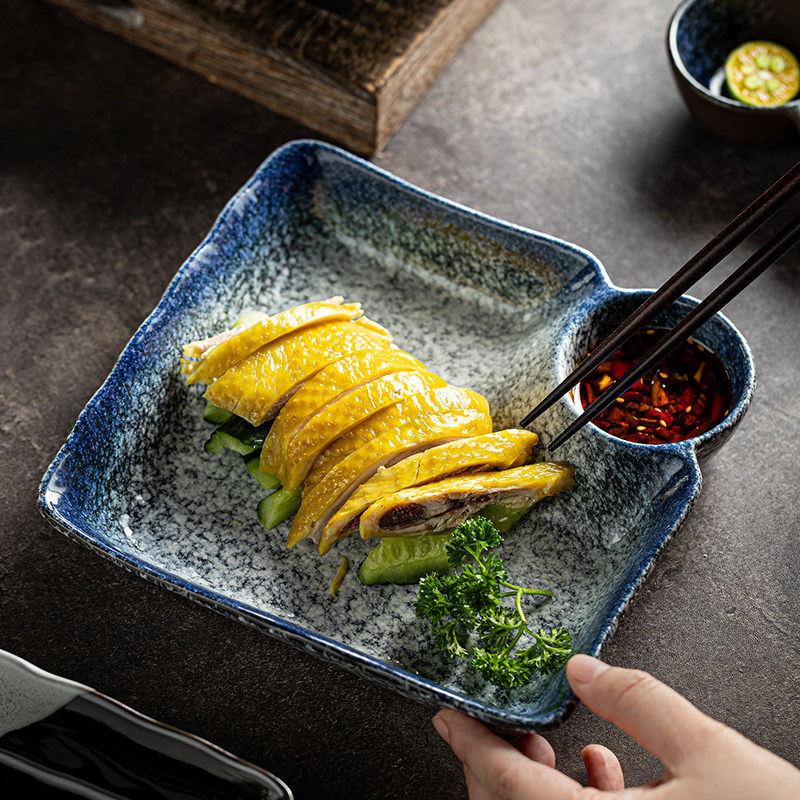 方形带碟饺子盘日式商用餐厅特色菜盘带碟薯条小吃点心盘装菜盘子