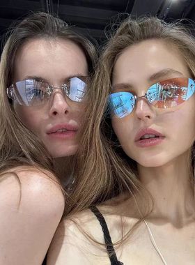 跨境眼镜Y2K千禧辣妹风星星无框太阳镜 复古未来感墨镜男女眼镜