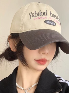 复古拼色棒球帽女韩版显脸小百搭软顶鸭舌帽日系大头围宽帽檐帽子
