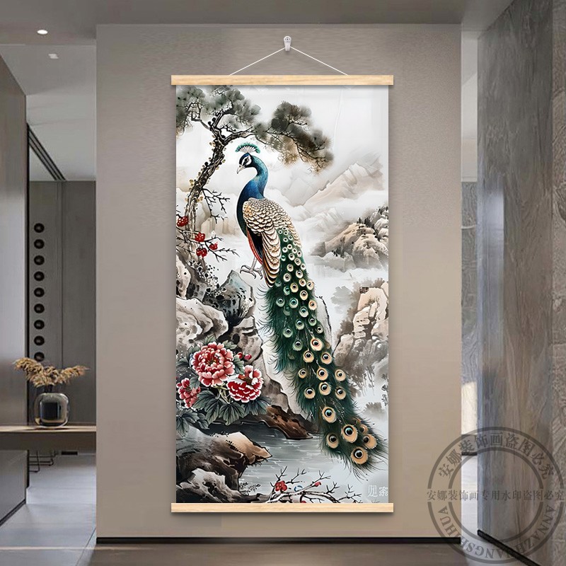 入户玄关孔雀装饰画走廊过道尽头挂画现代简约好寓意客厅餐厅壁画图片