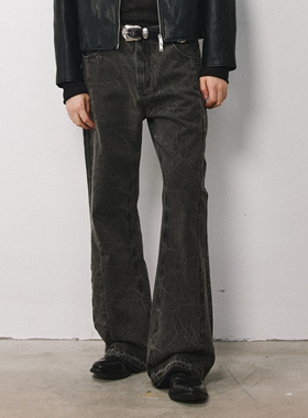 DIMC复古水洗扎花裂纹牛仔裤 2024秋季宽松微喇叭黑色休闲长裤