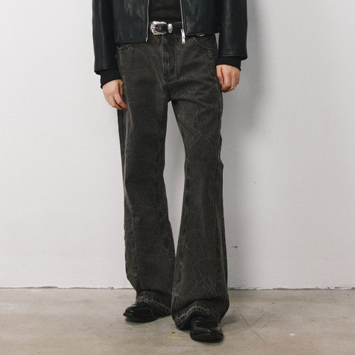 复古水洗扎花裂纹牛仔裤