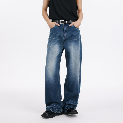 DIMC水洗蓝白扎花纹牛仔裤