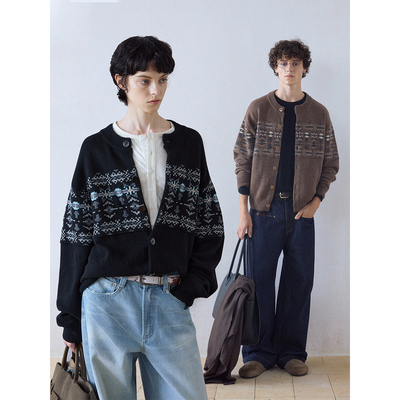 DIMC羊毛混纺复古提花费尔岛开衫毛衣秋冬长袖圆领针织衫外套男女