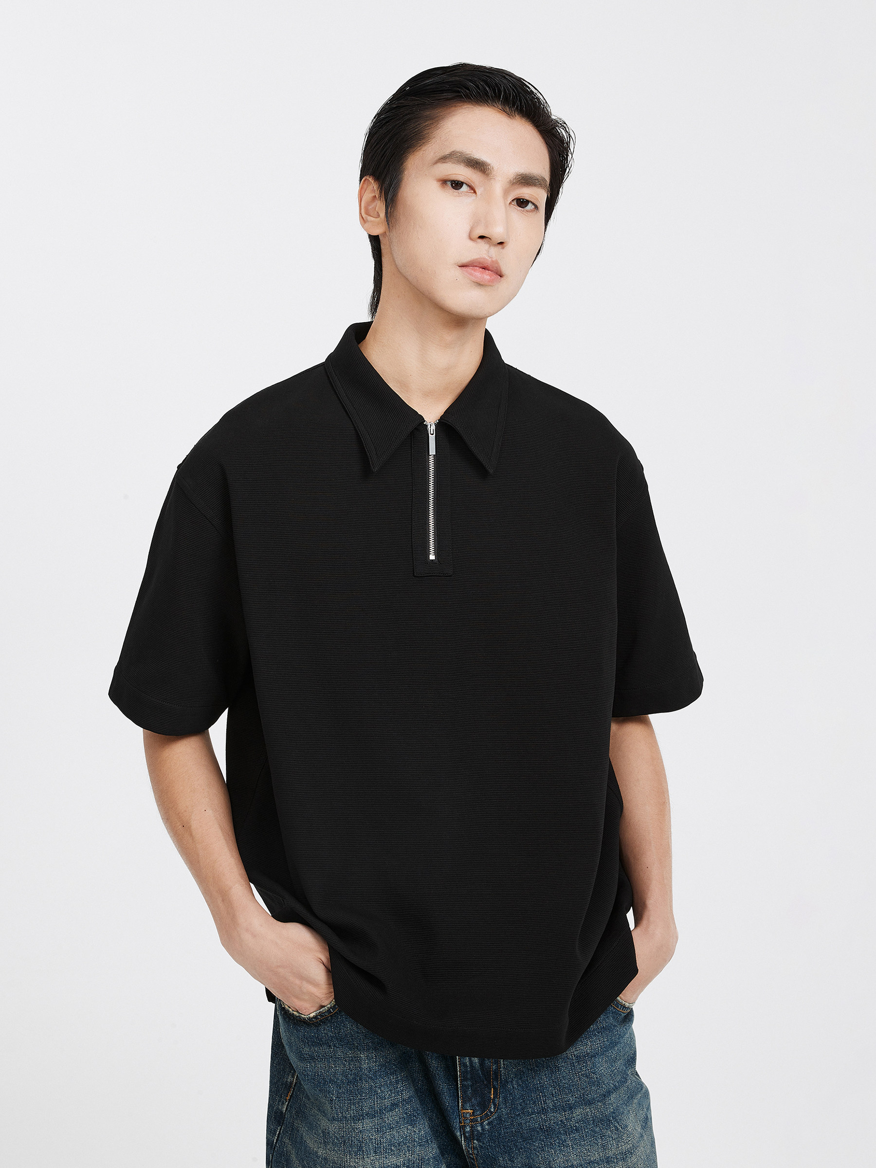 DIMC BLEND TEXTURE TEXTURE METAL ZIPPER SHORT SLEEVE POLO SHIRT SPRING AND SUMMER NEW SIMPLE CASUAL MENS TOP