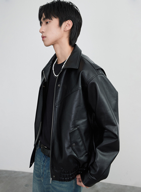 DIMC分割解构肌理PU皮衣 宽松秋冬黑色褐色新款翻领男夹克外套