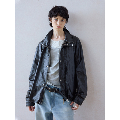 DIMC立领肌理PU皮抽绳夹克cleanfit油蜡感宽松皮衣外套男女同款