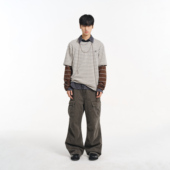 圆领新款 DIMC25SS假两件条纹撞色刺绣长袖 T恤 男女青少年上衣