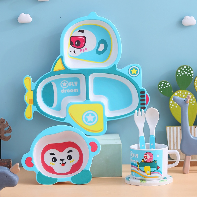 竹纤维儿童卡通可爱宝宝吃饭碗婴儿辅食碗分格餐盘五件套餐具套装