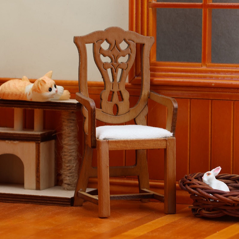 1:12迷你娃娃屋家具摆件OB11椅子雕花扶手高背椅欧式复古椅子模型