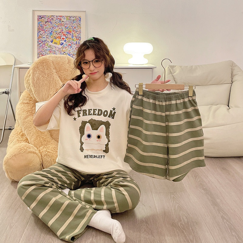 淘宝直播爆款睡衣女夏季短袖短裤长裤三件套卡通可外穿家居服套装