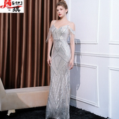 晚礼服女高端宴会气质名媛修身 鱼尾连衣裙 显瘦一字肩流苏吊带长款