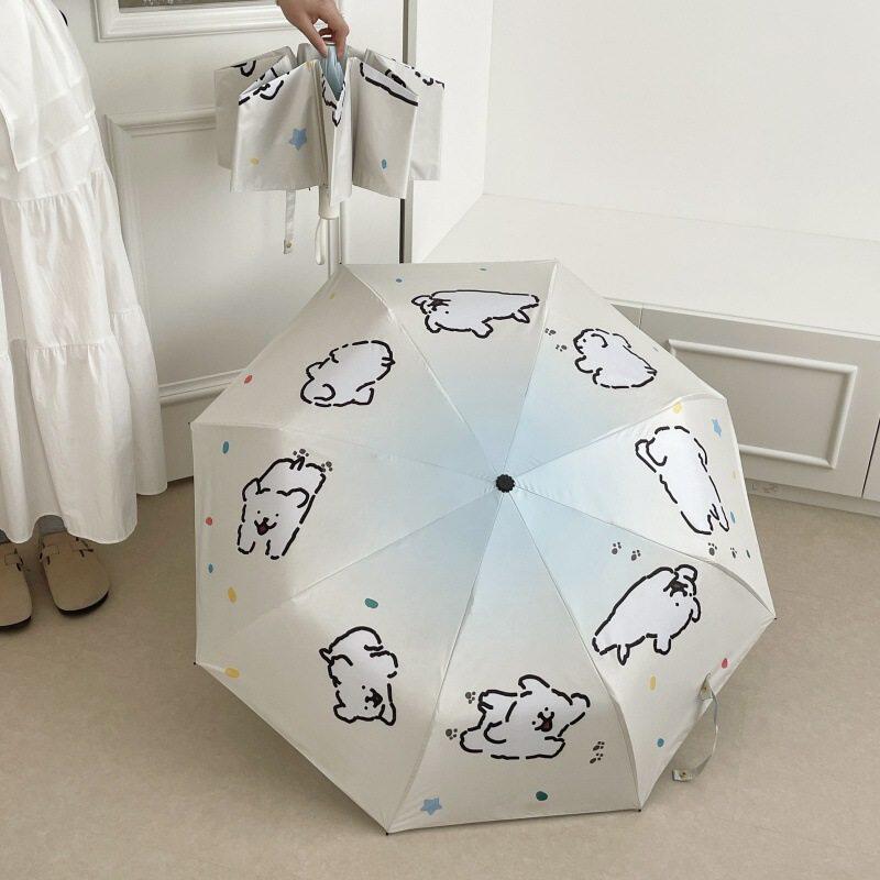 蓝色渐变狗雨伞卡通伞黑胶八骨晴雨两用防晒伞折叠三折伞可爱