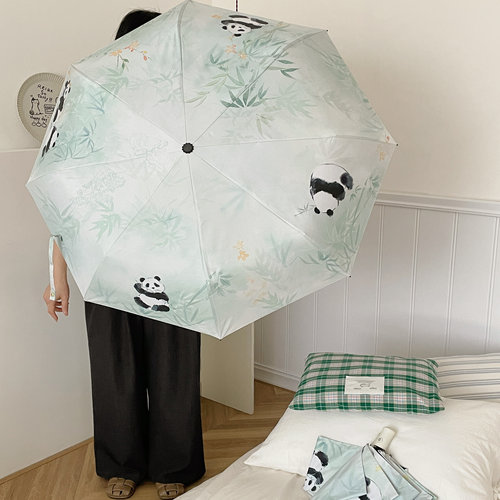 熊猫竹叶雨伞高颜值可爱儿童女孩古风太阳伞防紫外线新中式伞绿色