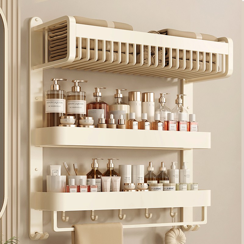 德国奶油风毛巾架卫生间置物架一体免打孔壁挂浴室洗手间浴巾架子