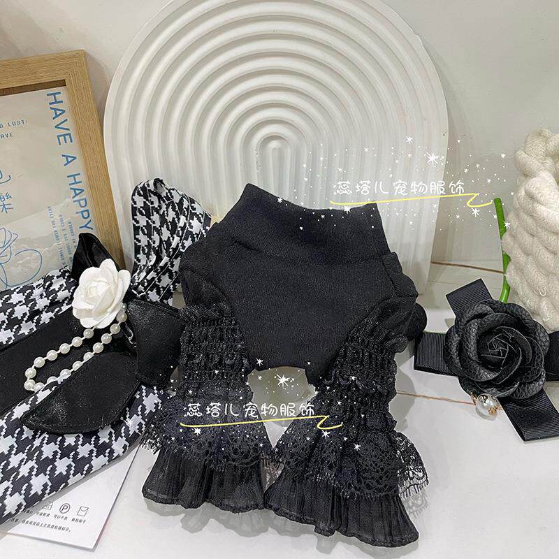 狗狗打底衫泰迪比熊博美小体喇叭袖花边中领白色黑色纯色秋冬打底