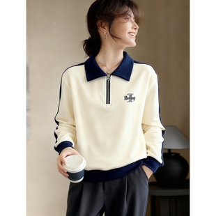 秋衣外穿宽松长袖 打底衫 上衣 卫衣女士春秋薄款 假两件Polo翻领美式