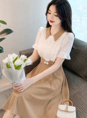法式气质减龄假两件雪纺连衣裙女士夏装新款洋气时尚收腰A字裙子