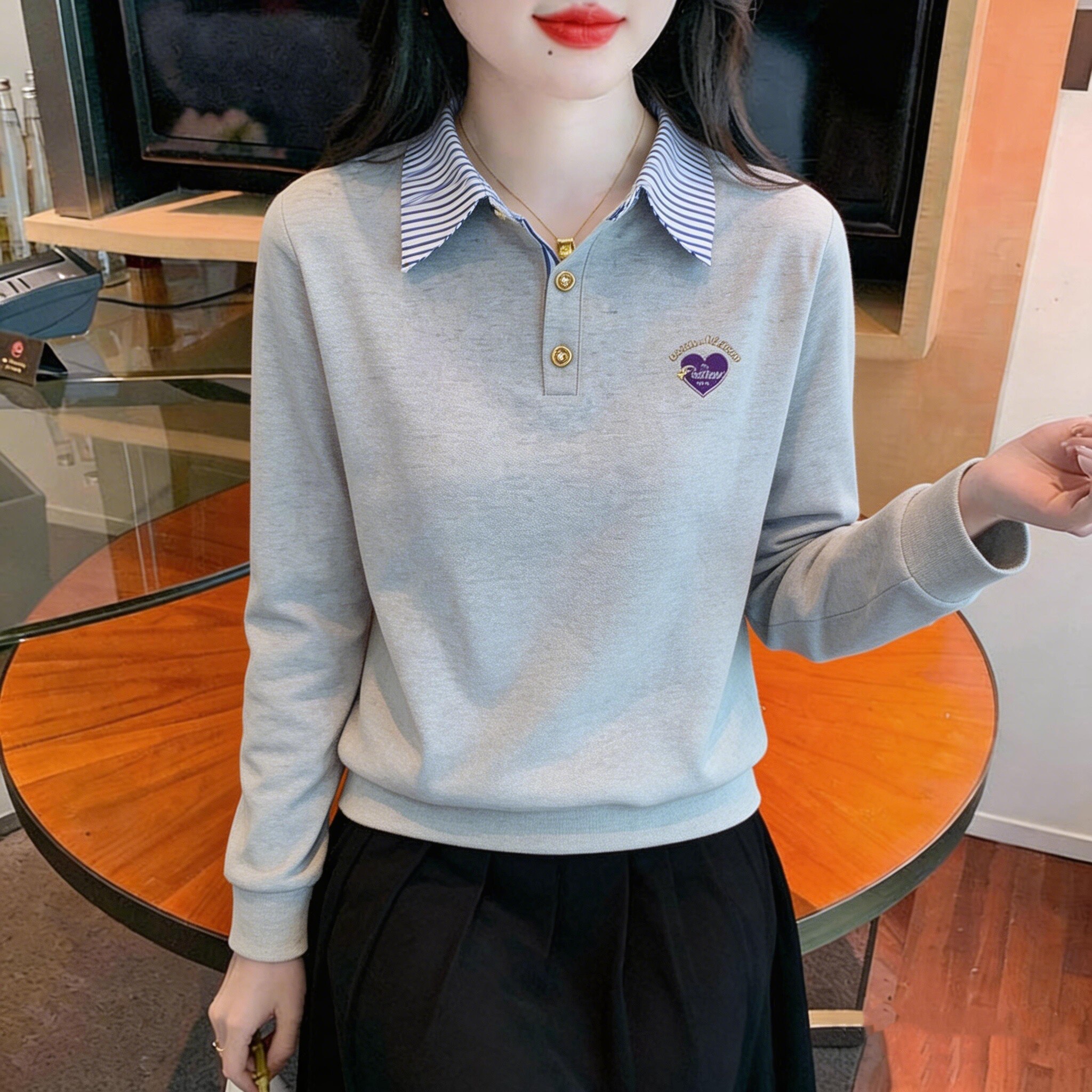 2026早秋装洋气减龄假两件Polo领上衣女薄款灰色卫衣宽松长袖T恤图片