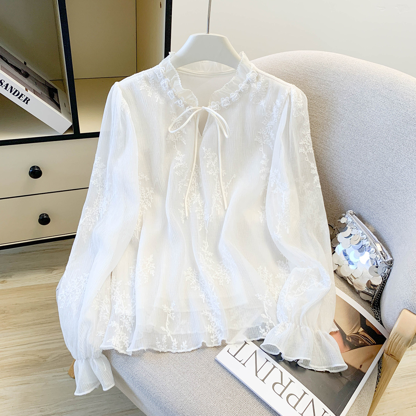 2026早春法式气质蕾丝衫蝴蝶结系带白色木耳领衬衫女内搭长袖上衣,女装/女士精品,蕾丝衫/雪纺衫,淘宝优惠券,粉丝福利购,淘宝优惠卷