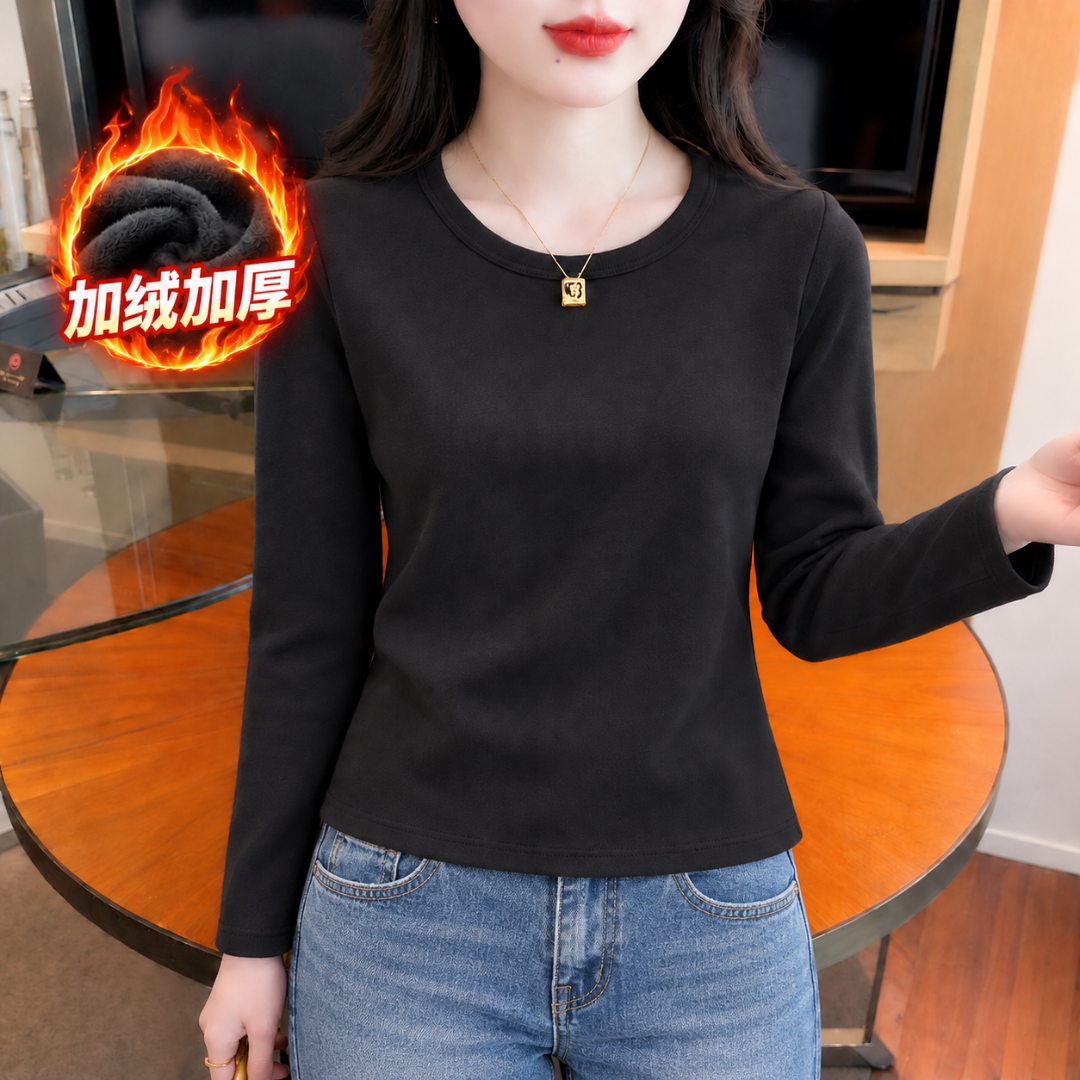 加绒加厚秋衣打底衫女士秋冬款保暖低圆领内搭长袖T恤百搭上衣服