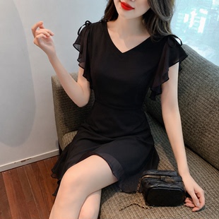 夏V领短袖雪纺连衣裙女士高级感时尚气质裙子小个子收腰显瘦A字裙