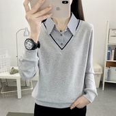T恤灰色卫衣 春秋宽松长袖 洋气假两件Polo领上衣女打底衫 2026新款