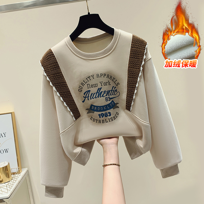 加绒美式拼接圆领卫衣女秋冬加厚