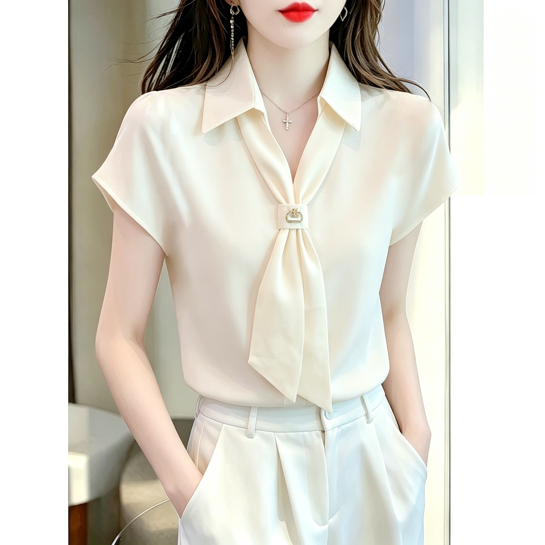 缎面雪纺衬衫职业女装短袖2026夏季新款时尚气质飘带v领洋气小衫