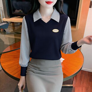 2026早春新款假两件拼接长袖T恤女装百搭薄款卫衣宽松POLO领上衣