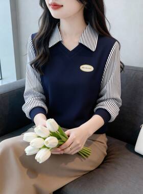 高档假两件Polo领上衣时尚宽松卫衣女2026春秋衣长袖T恤打底小衫