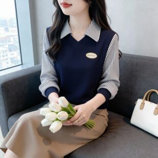 高档假两件Polo领上衣时尚宽松卫衣女2026春秋衣长袖T恤打底小衫