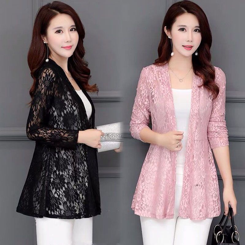 春夏秋蕾丝防晒开衫披肩长袖中长款大码女外搭薄款空调服披风上衣